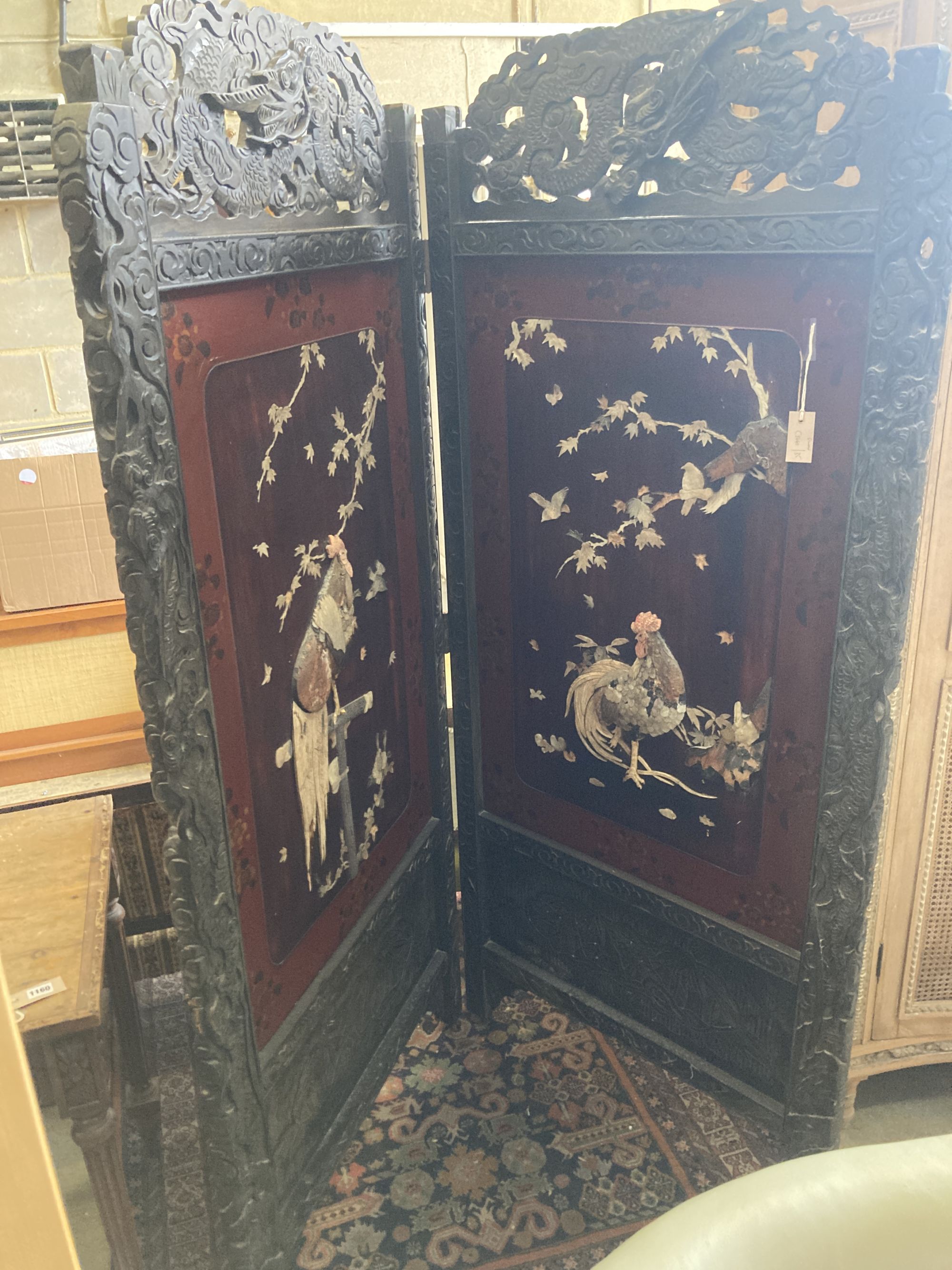 A large Japanese Shibayama type two fold dressing screen, each panel width 86cm height 196cm